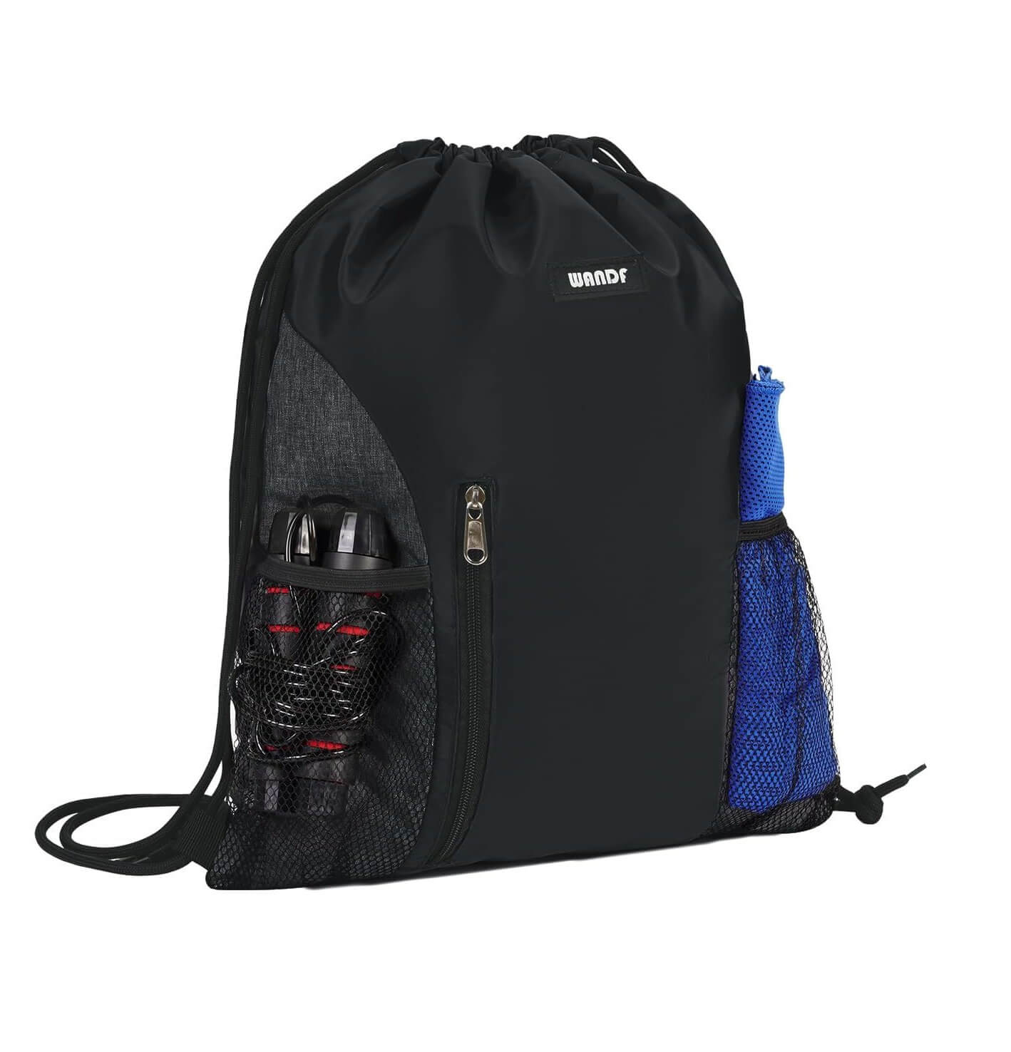 Schwarzer Sportrucksack mit Kordelzug und Taschen